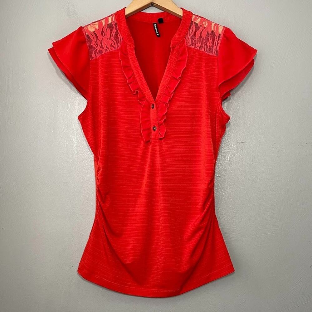 HeartSoul Top Juniors Large Orange Y2K Ruched Stretch Knit Ruffled Lace Henley